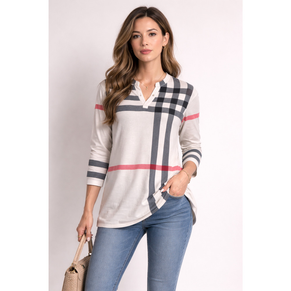 Ali Miles Plaid Tunic Size 3X Red Black 3/4 Sleeves V Neck Lagenlook Flowy